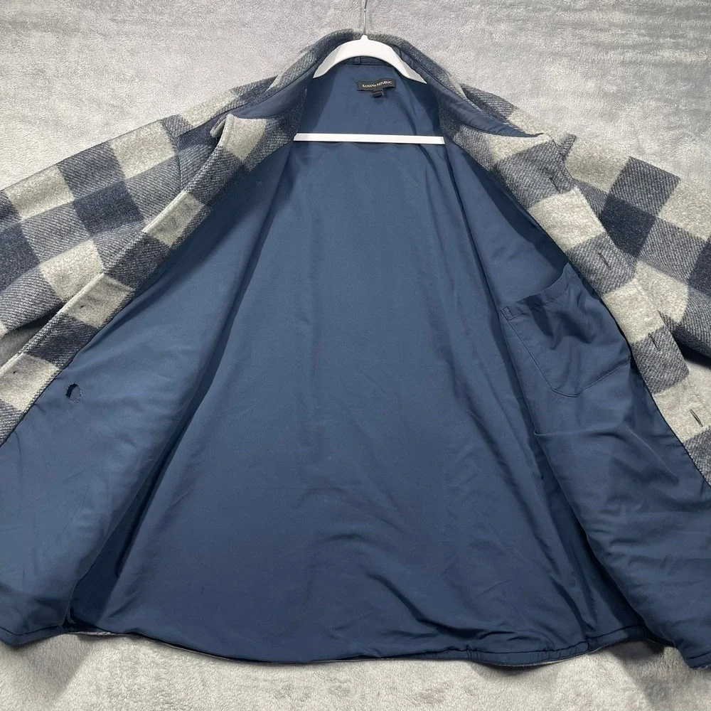 Banana Republic Jacket Mens XXL Grey Blue Buffalo Plaid Wool Blend Shacket READ